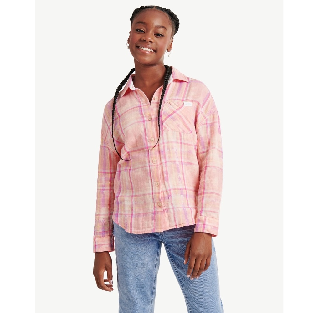 NWT Justice Girl's Long Sleeve Plaid Flannel Collared Top, Size: S (7-8)
